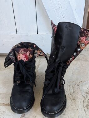 Vintage Dr. Martens Black Combat Boots with Floral Lining